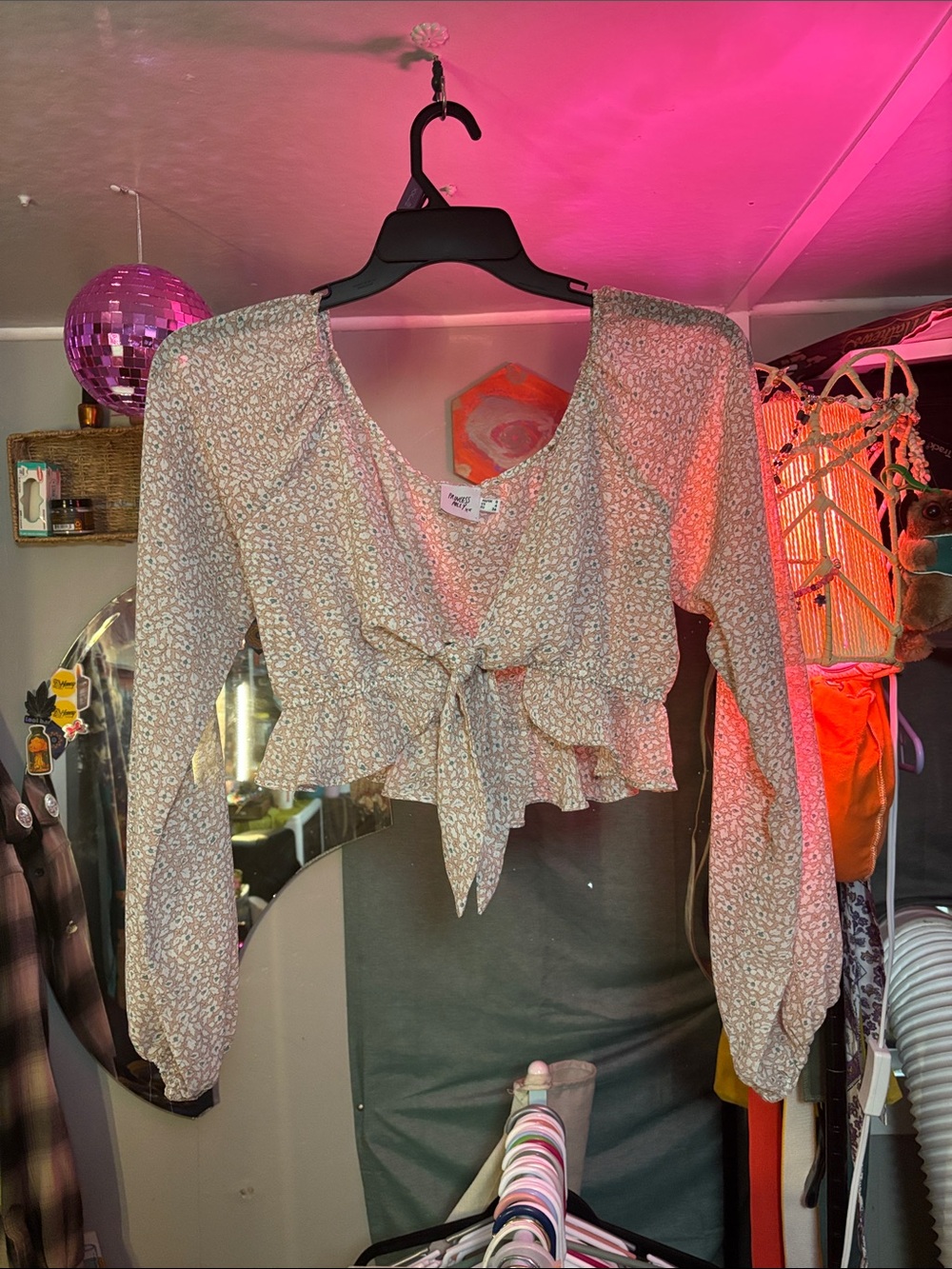 Princess Polly Boho Ditsy Floral Tie Front Long Sleeve Ruffle Crop Blouse